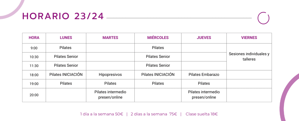 Horario Pilates curso 2023 / 2024